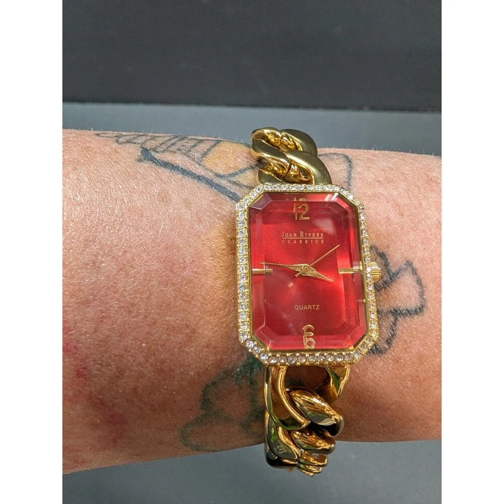 Joan Rivers Classic Watch Gold Tone Chain Woven Band Red Face Untested